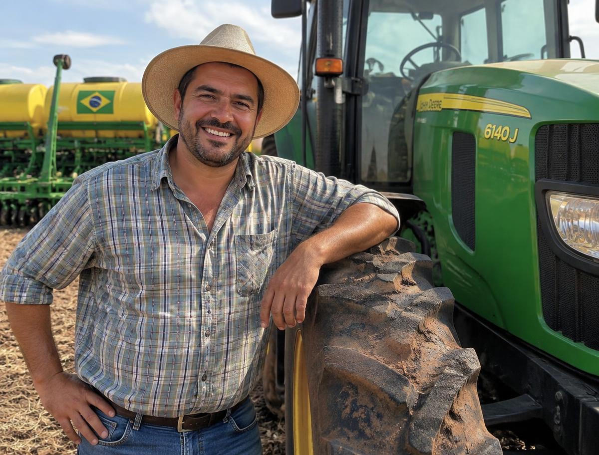 Produtor rural ao lado do trator novo
